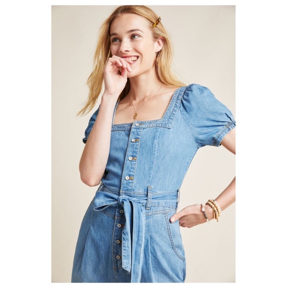 SOLD Anthropologie Square Neck Denim Jumpsuit - Picture 3 of 7